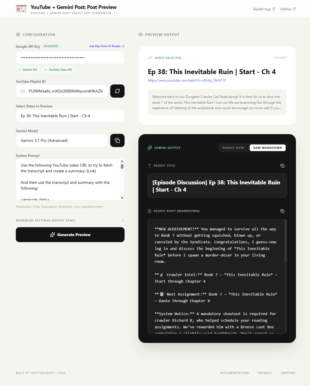 Companion SPA showing preview output